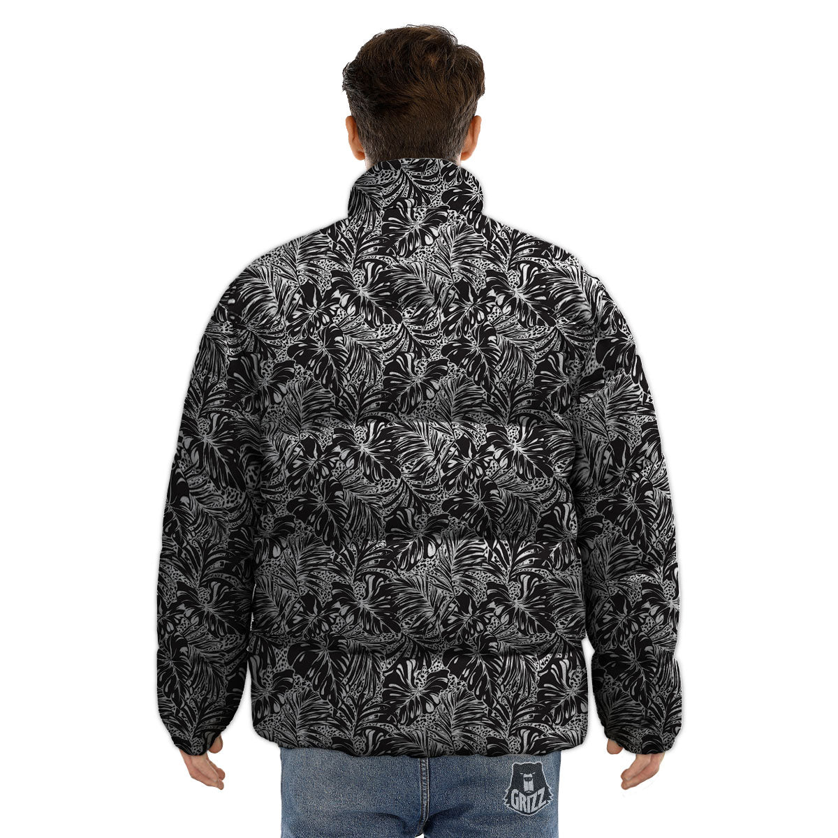Monstera White And Black Print Pattern Puffer Jacket-grizzshop