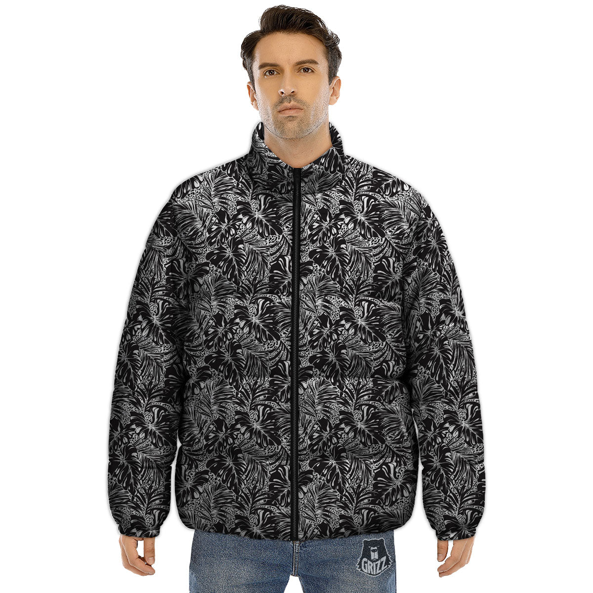 Monstera White And Black Print Pattern Puffer Jacket-grizzshop