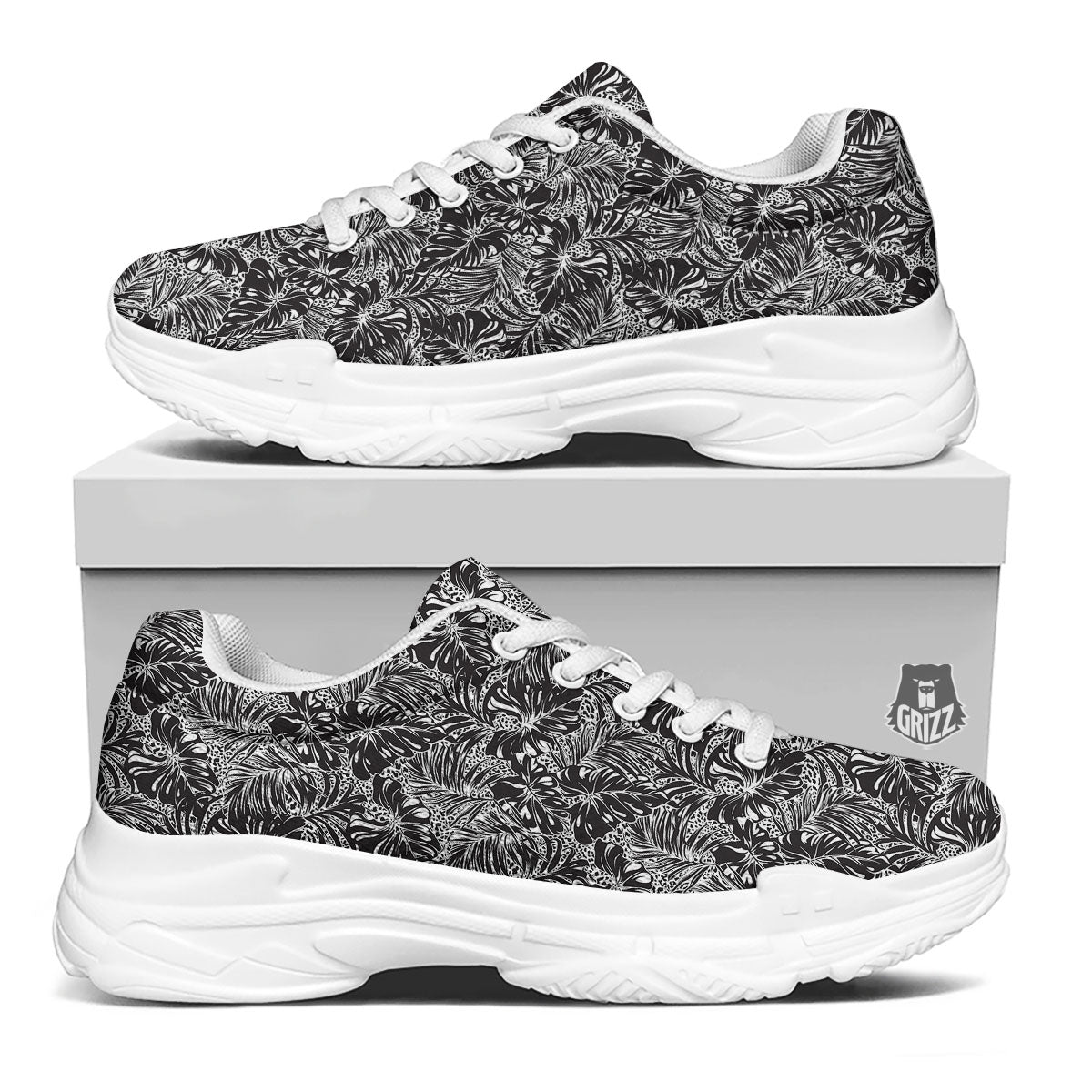 Monstera White And Black Print Pattern White Chunky Shoes-grizzshop