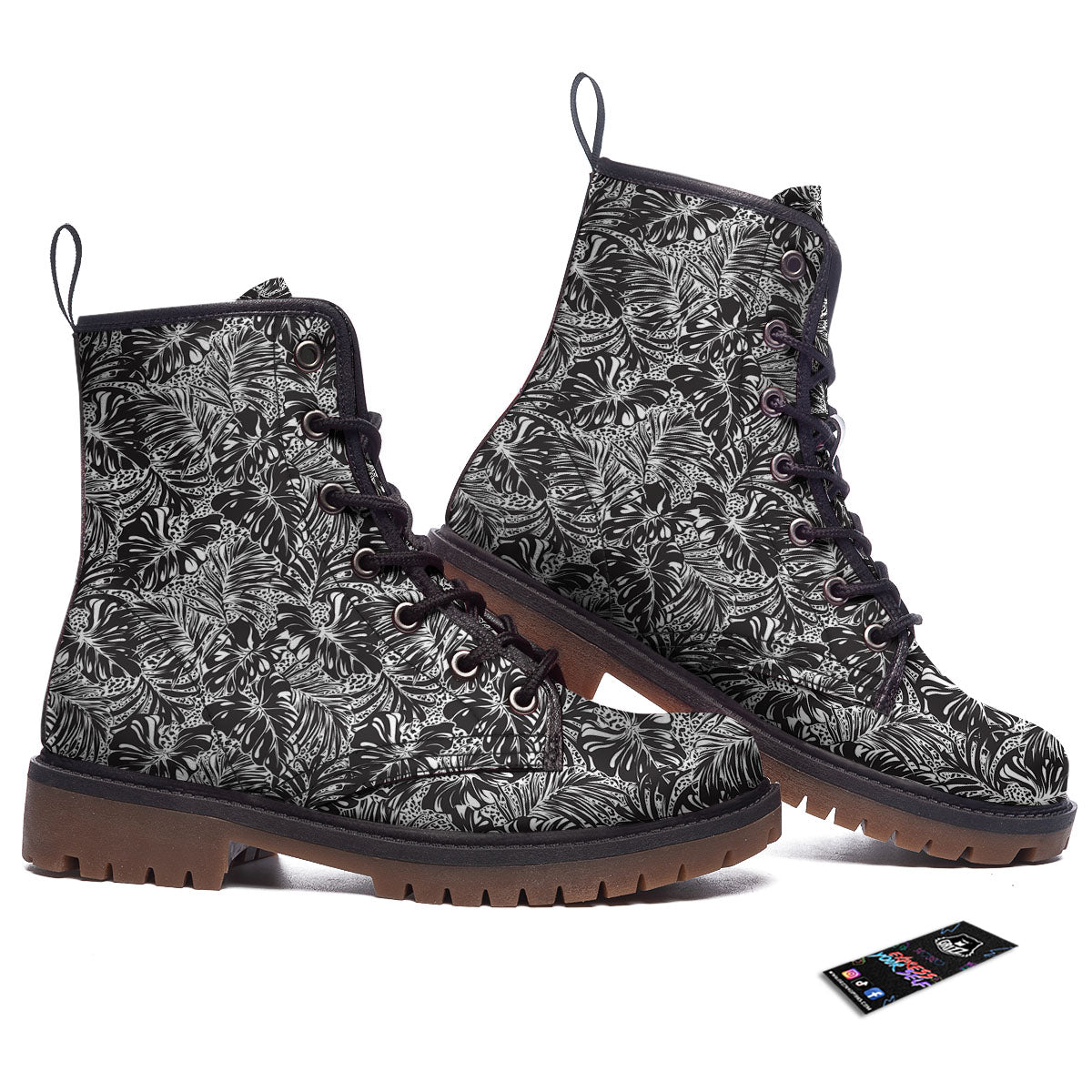 Monstera White And Black Print Pattern Work Boots-grizzshop