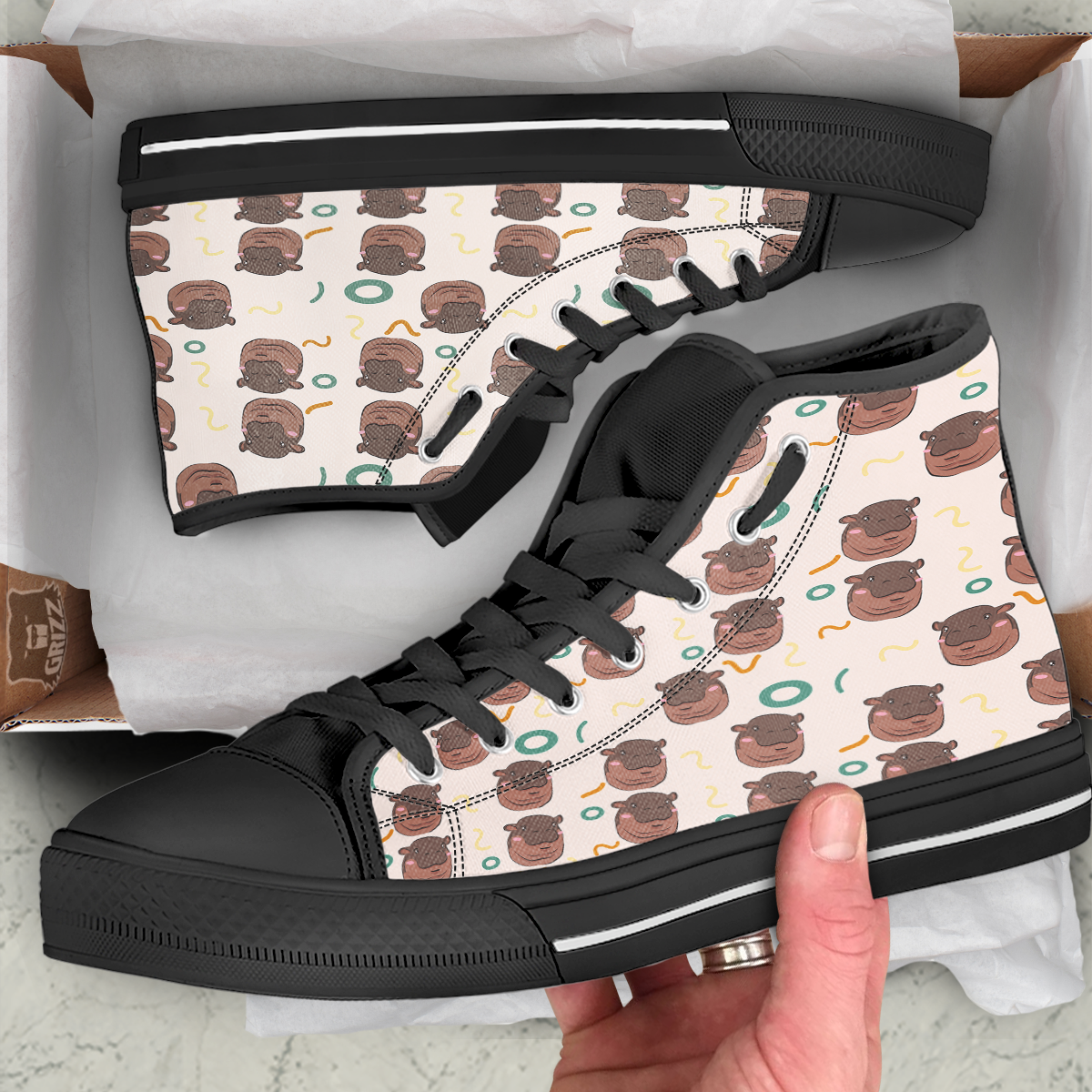 Moo Deng Hippo Black High Top Shoes-grizzshop