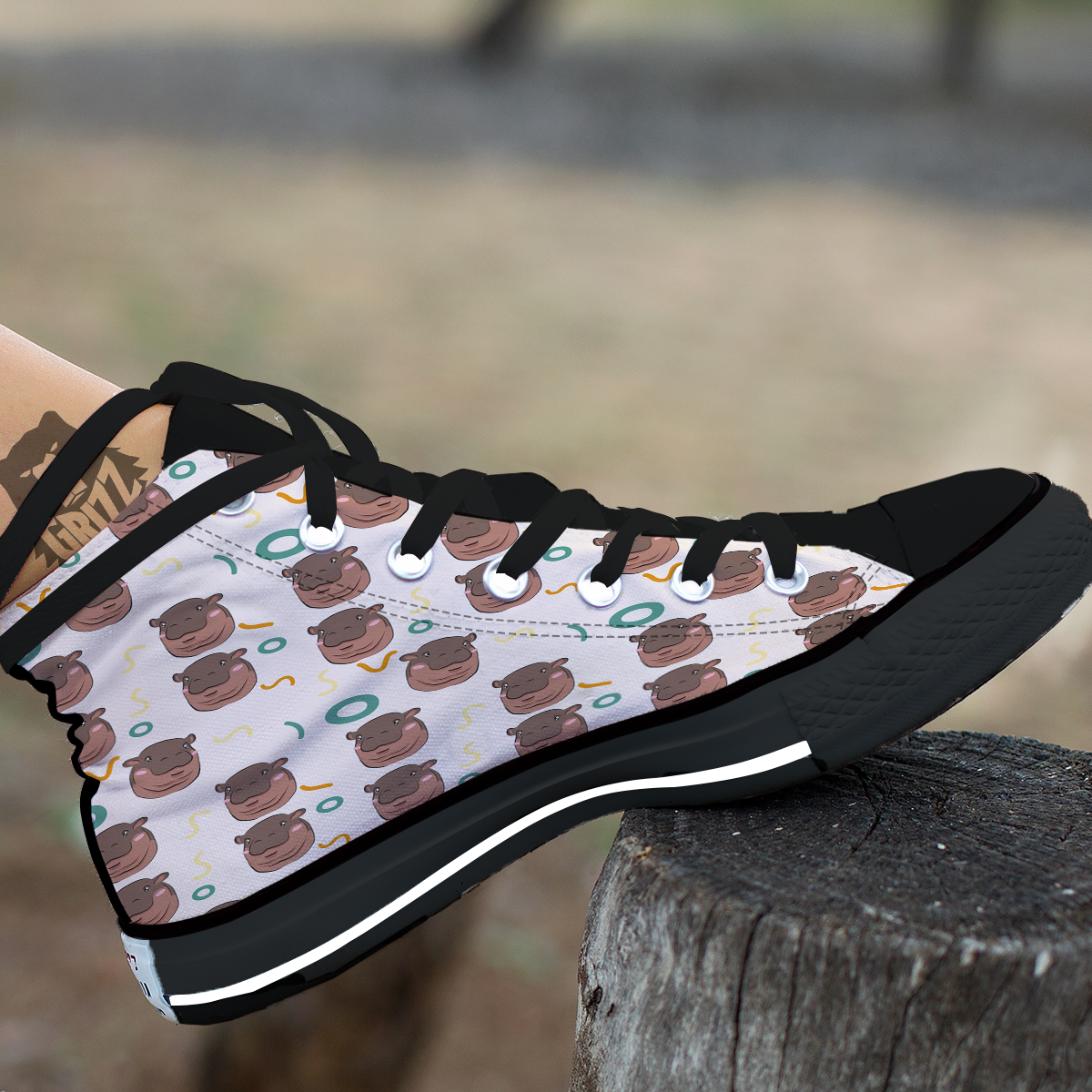 Moo Deng Hippo Black High Top Shoes-grizzshop