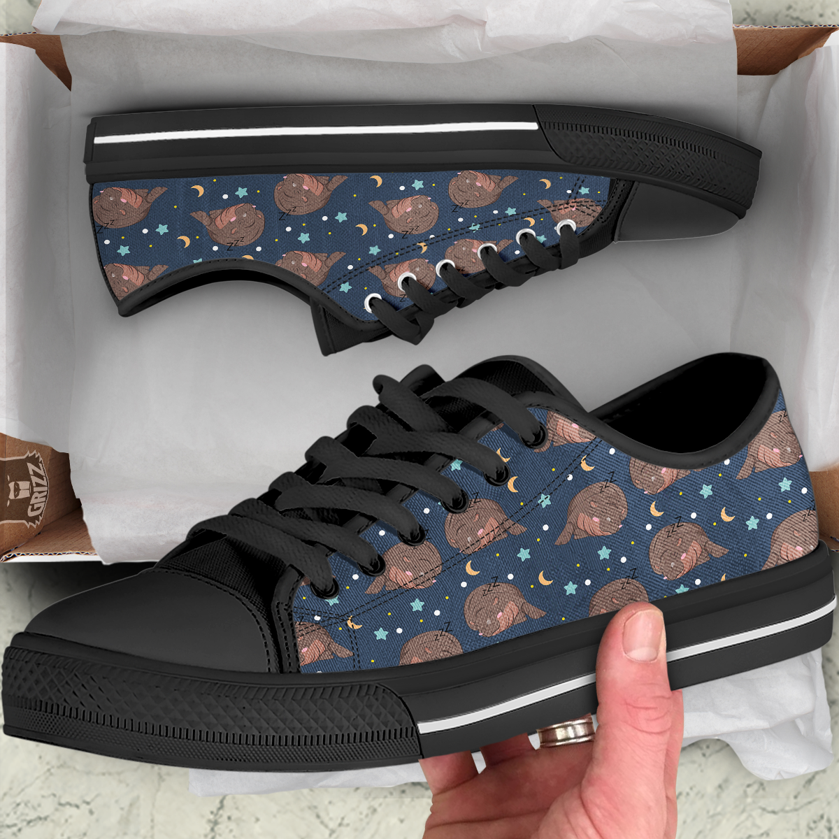 Moo Deng Hippo Sleeping Black Low Top Shoes-grizzshop