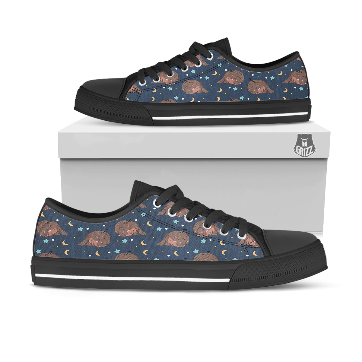 Moo Deng Hippo Sleeping Black Low Top Shoes-grizzshop