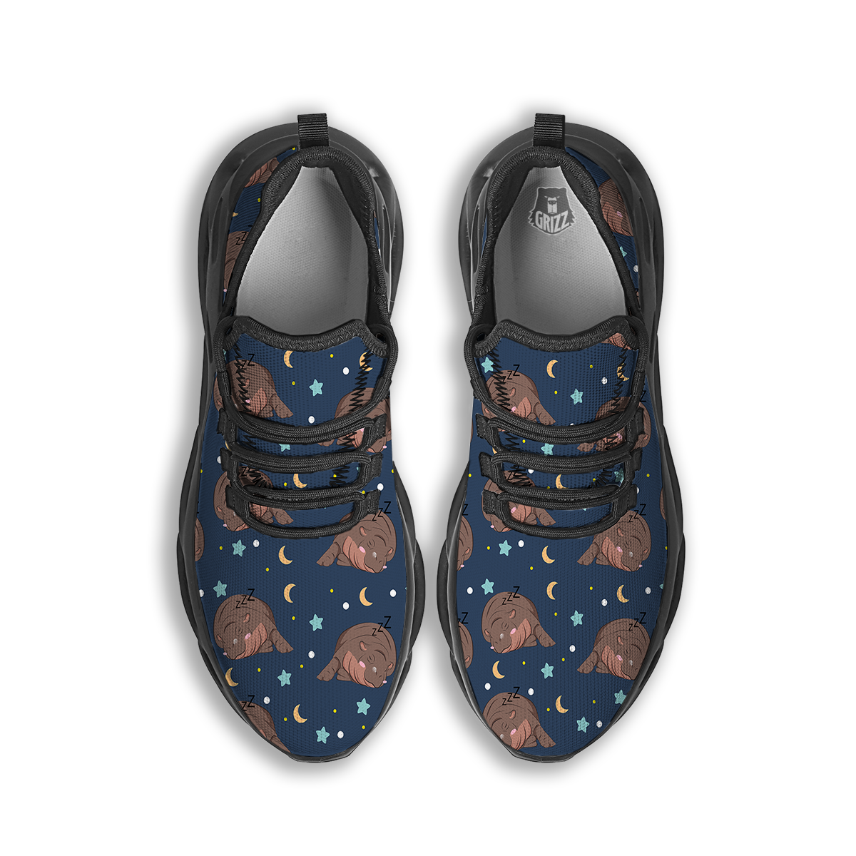 Moo Deng Hippo Sleeping Black Running Shoes-grizzshop