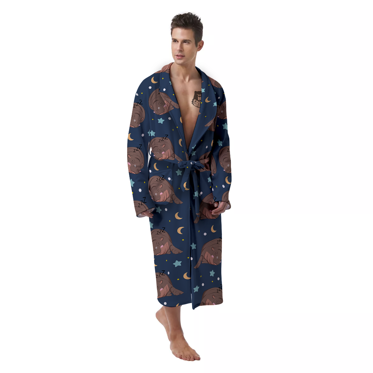 Moo Deng Hippo Sleeping Men's Robe-grizzshop