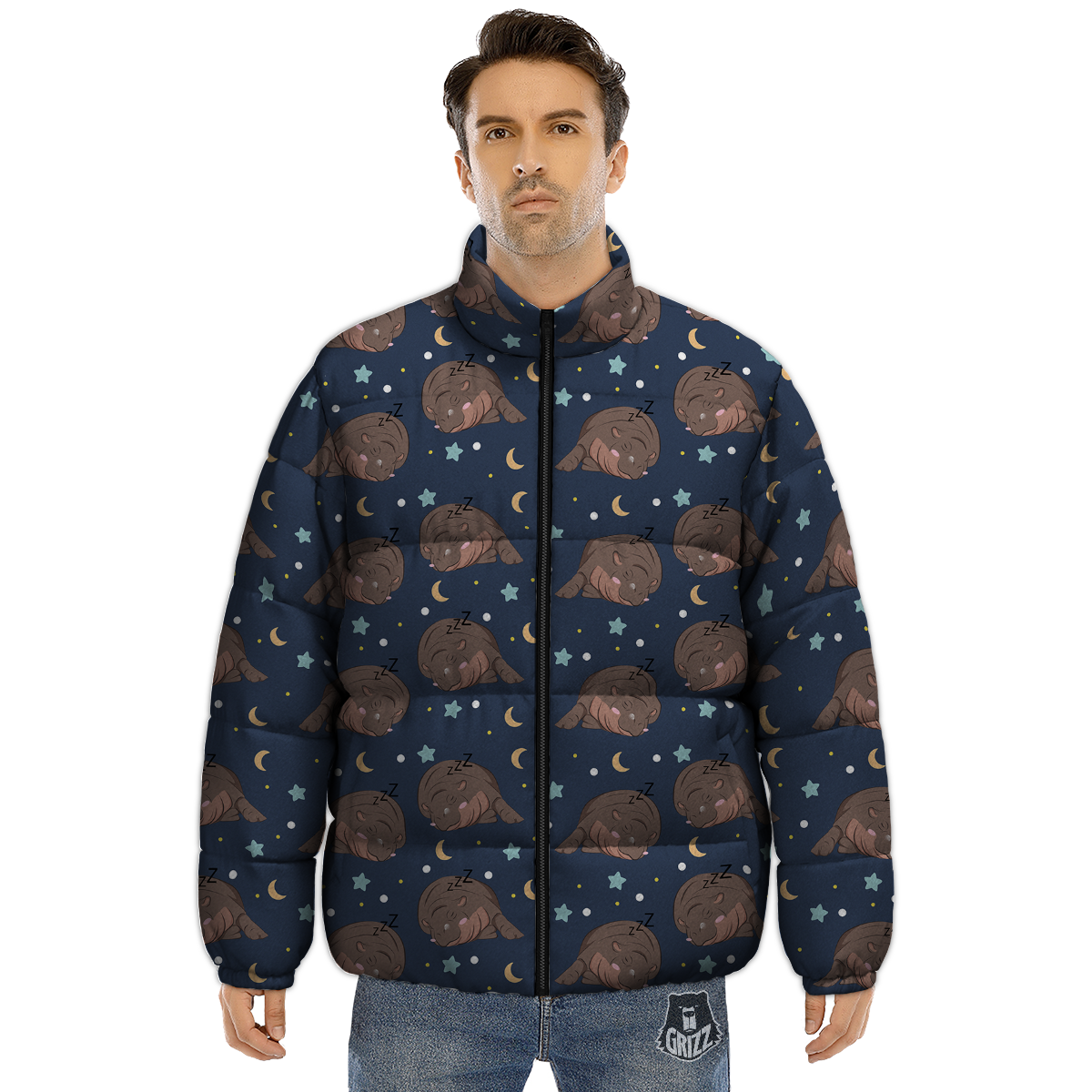 Moo Deng Hippo Sleeping Puffer Jacket-grizzshop
