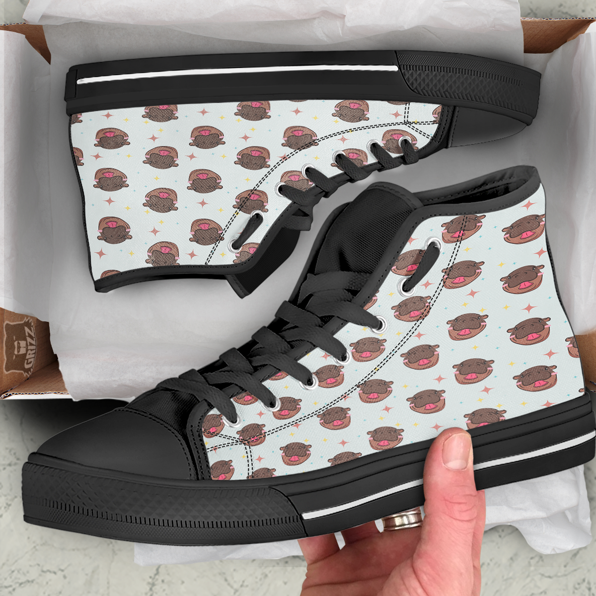 Moo Deng Hippo Smiling Black High Top Shoes-grizzshop