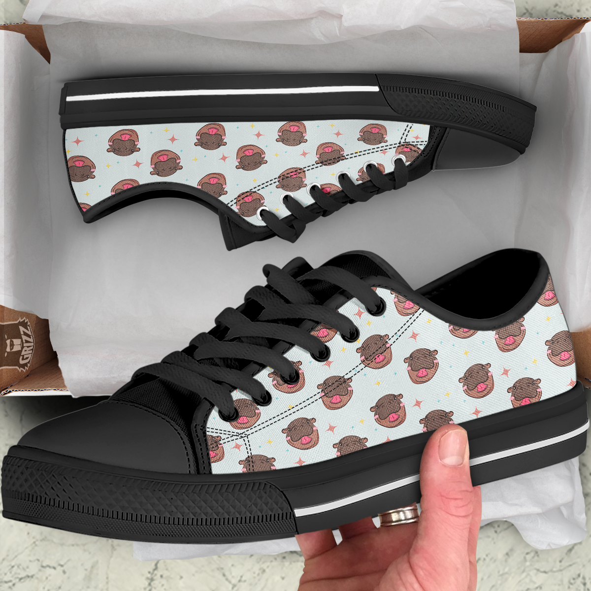 Moo Deng Hippo Smiling Black Low Top Shoes-grizzshop