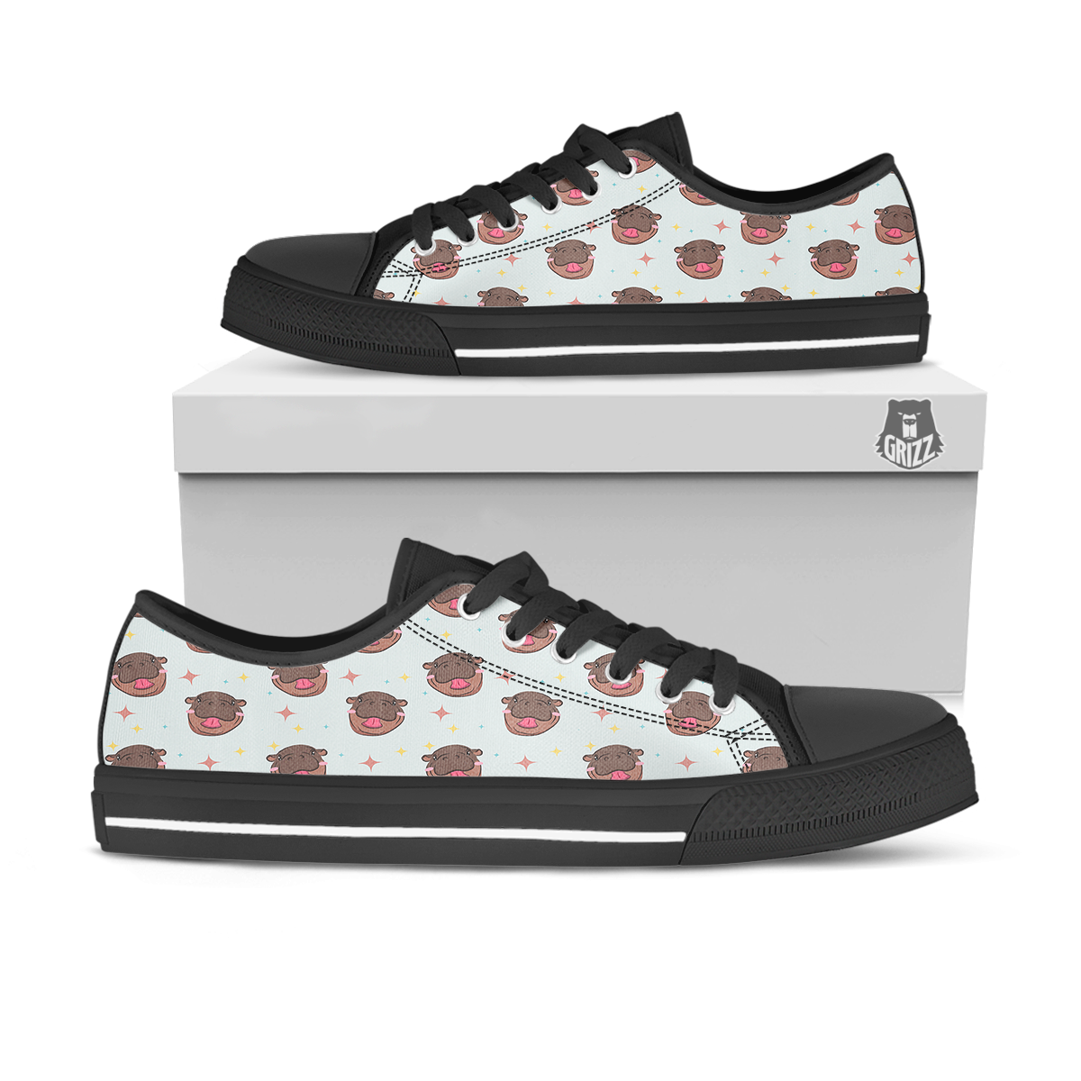 Moo Deng Hippo Smiling Black Low Top Shoes-grizzshop