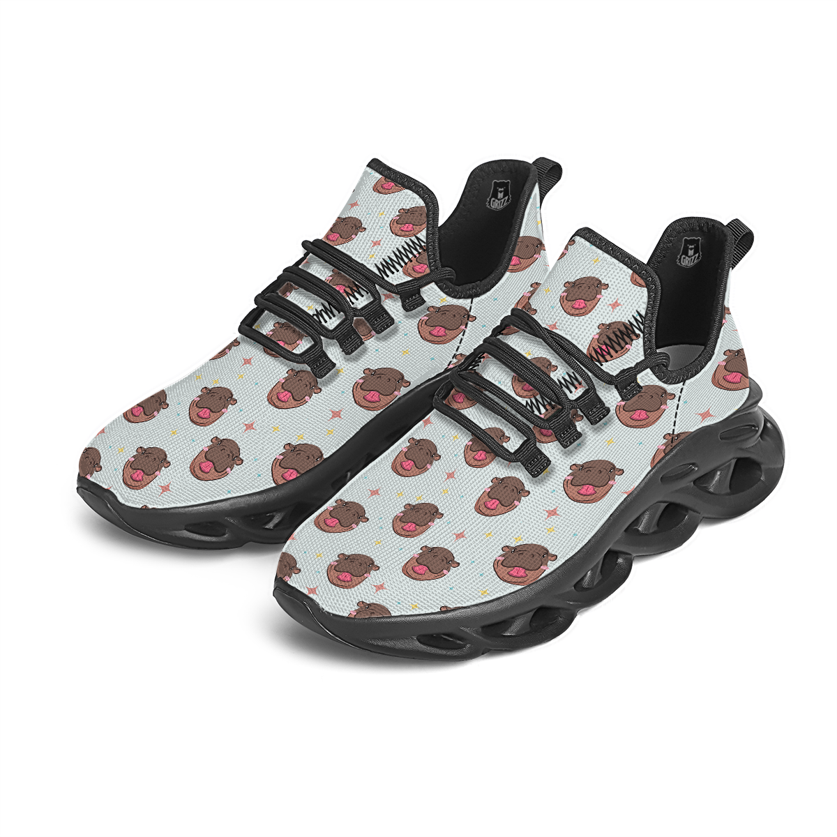 Moo Deng Hippo Smiling Black Running Shoes-grizzshop