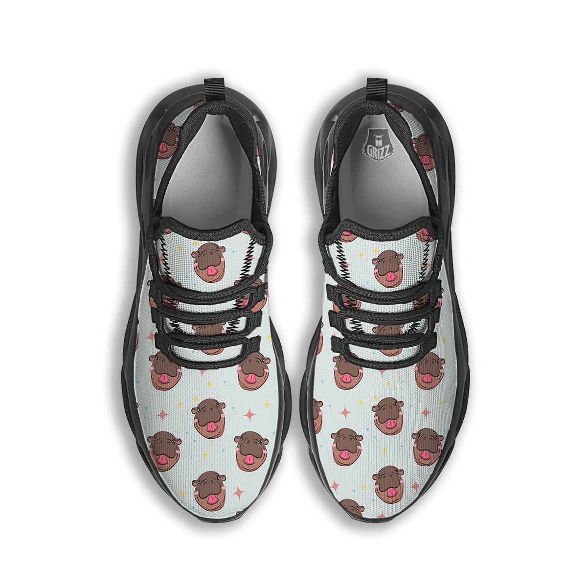 Moo Deng Hippo Smiling Black Running Shoes-grizzshop