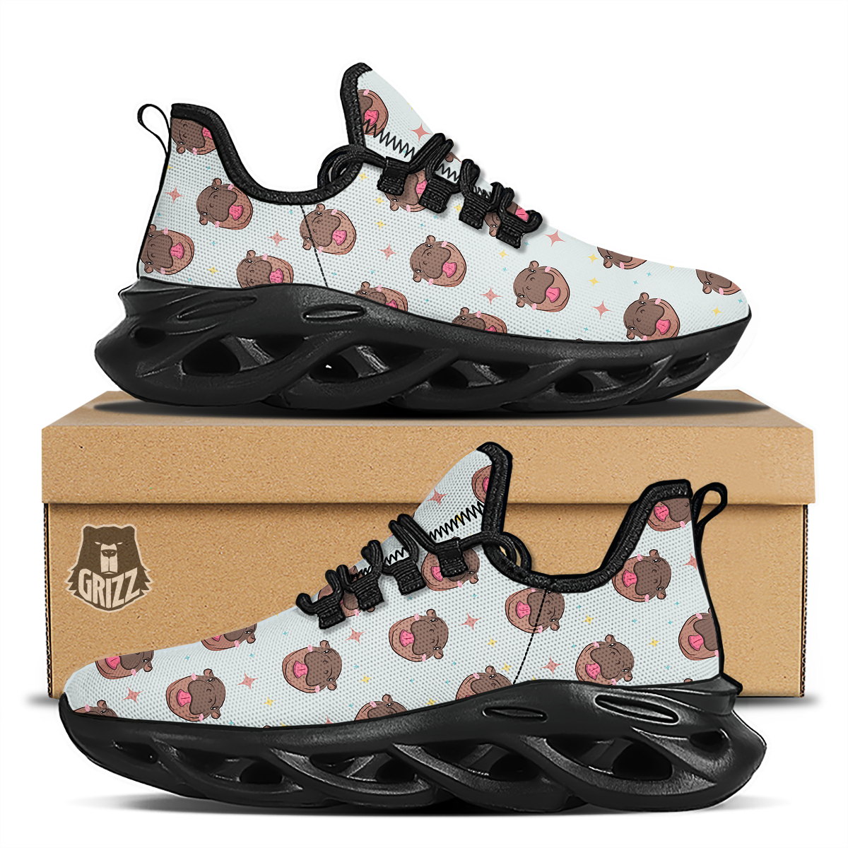 Moo Deng Hippo Smiling Black Running Shoes-grizzshop
