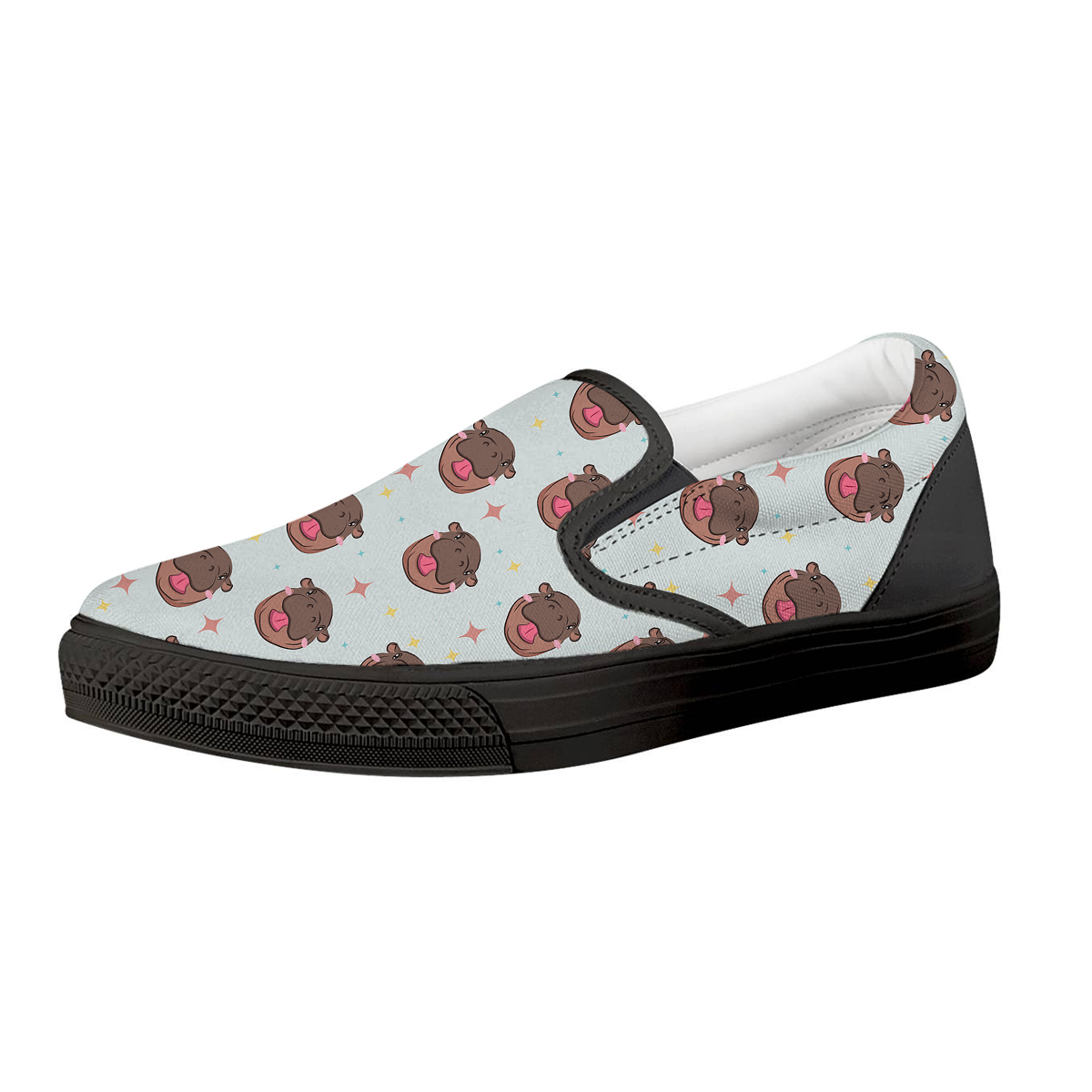 Moo Deng Hippo Smiling Black Slip On Shoes-grizzshop