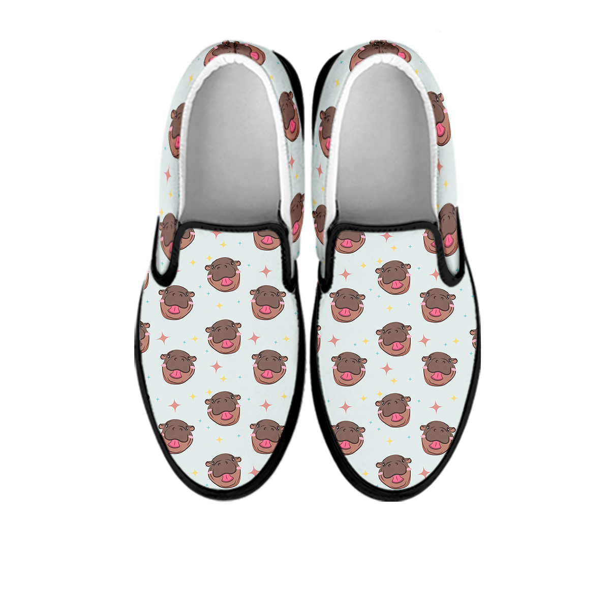 Moo Deng Hippo Smiling Black Slip On Shoes-grizzshop