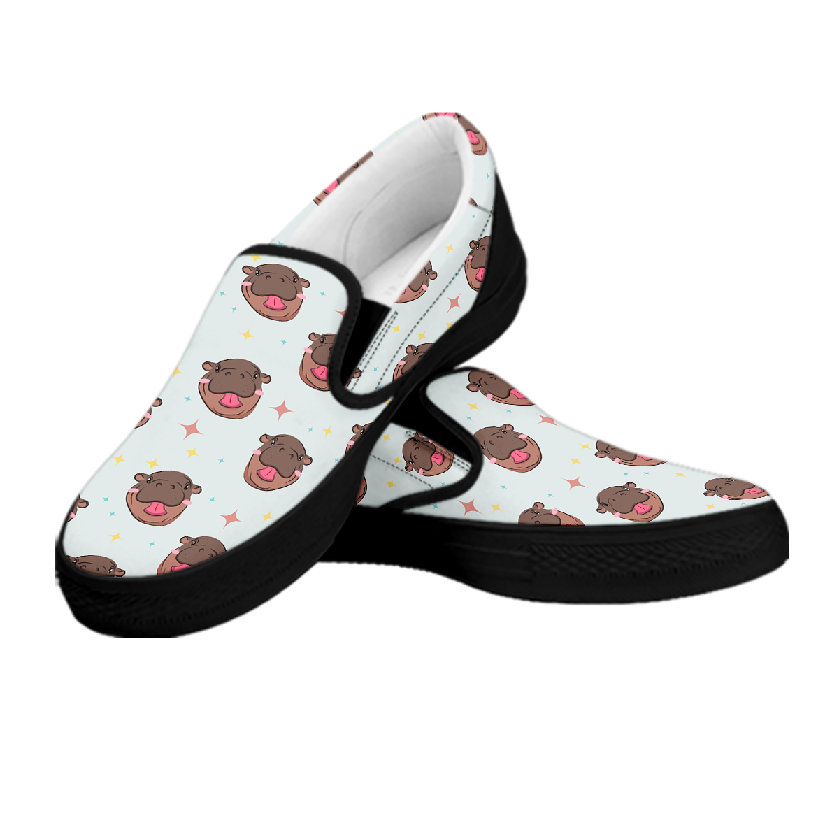 Moo Deng Hippo Smiling Black Slip On Shoes-grizzshop