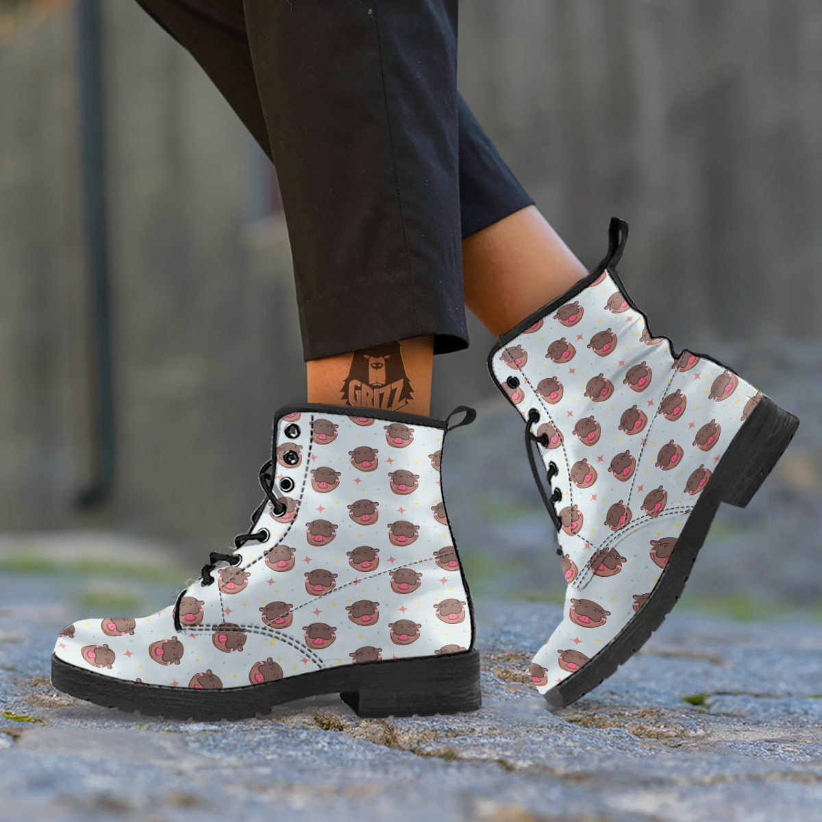 Moo Deng Hippo Smiling Leather Boots-grizzshop