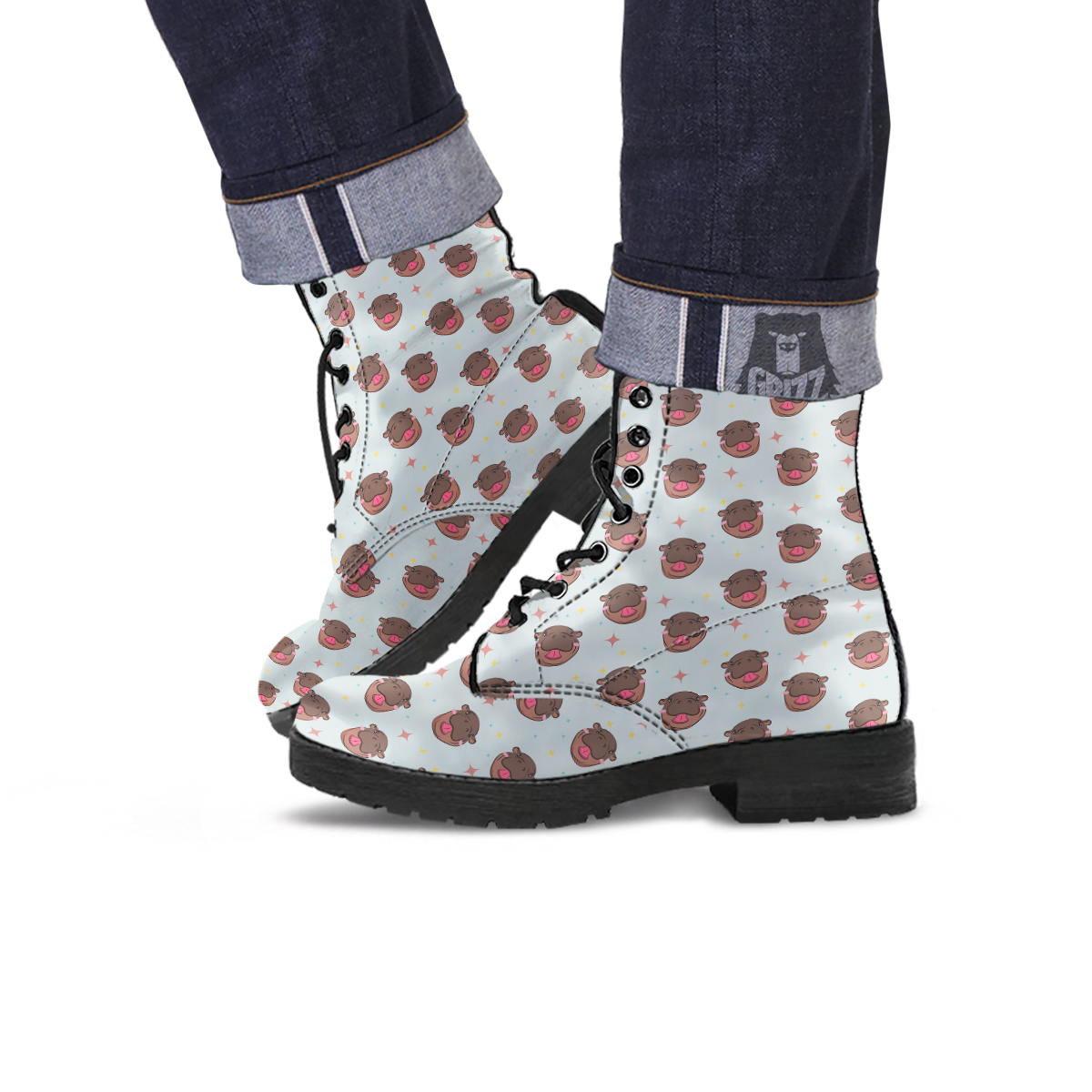 Moo Deng Hippo Smiling Leather Boots-grizzshop