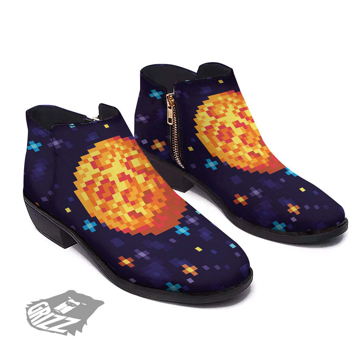 Moon 8-Bit Pixel Print Ankle Boots-grizzshop