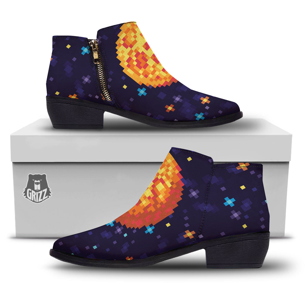 Moon 8-Bit Pixel Print Ankle Boots-grizzshop