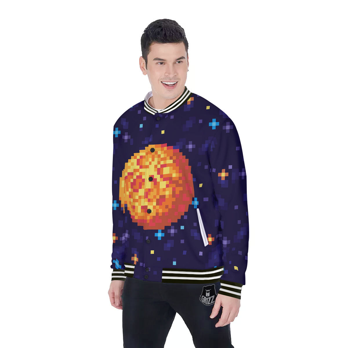Moon 8-Bit Pixel Print Baseball Jacket-grizzshop