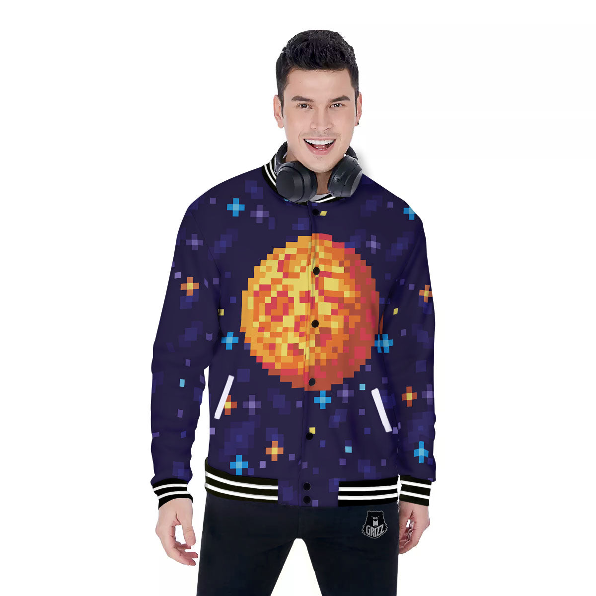 Moon 8-Bit Pixel Print Baseball Jacket-grizzshop
