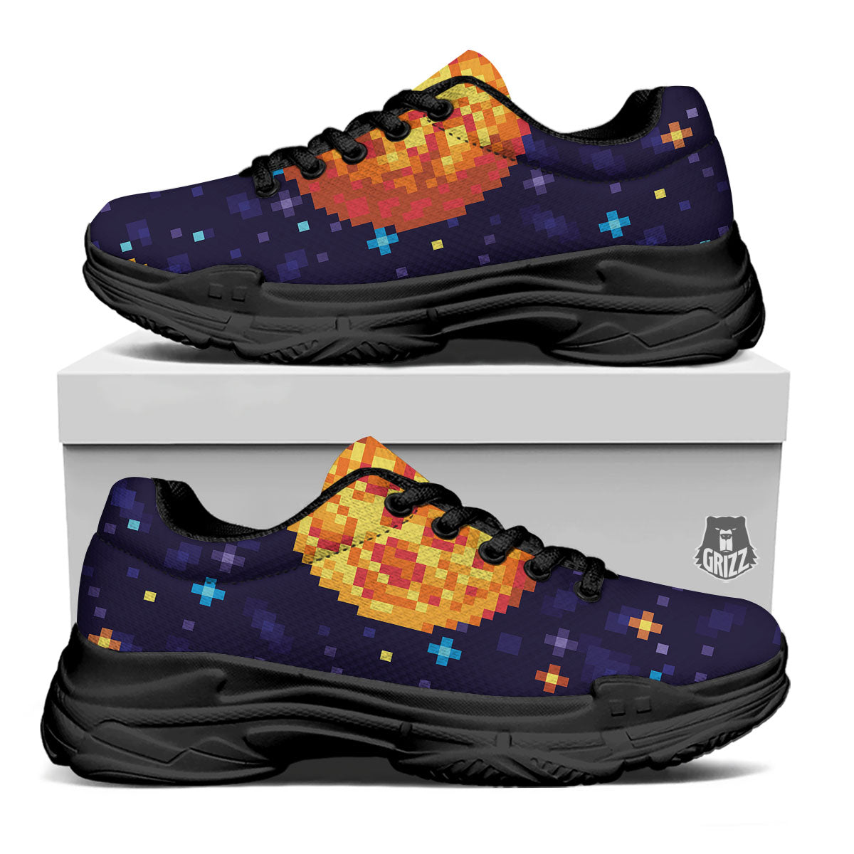 Moon 8-Bit Pixel Print Black Chunky Shoes-grizzshop