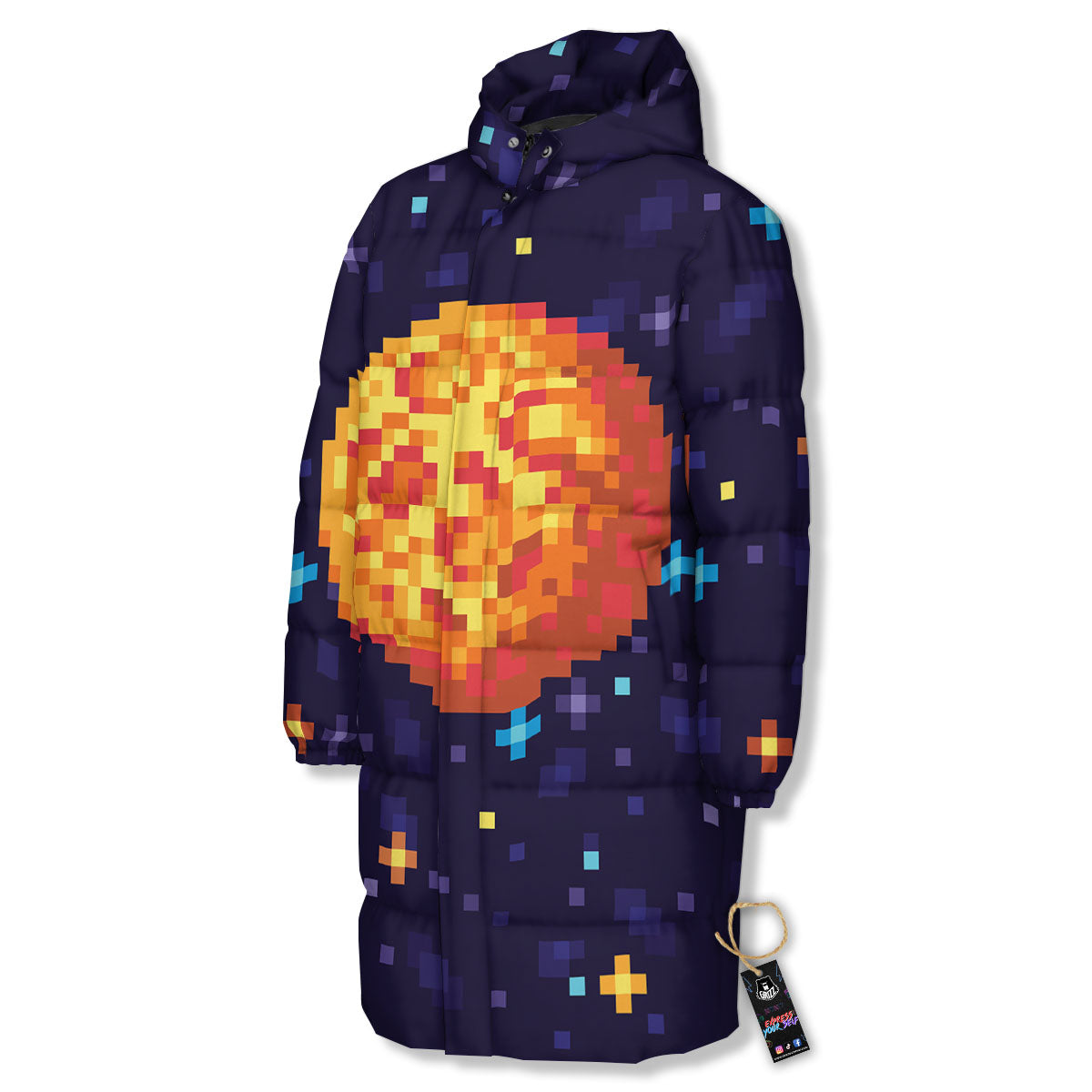 Moon 8-Bit Pixel Print Long Down Jacket-grizzshop