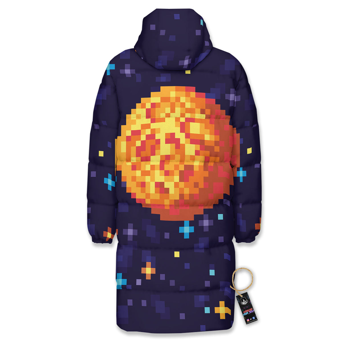 Moon 8-Bit Pixel Print Long Down Jacket-grizzshop
