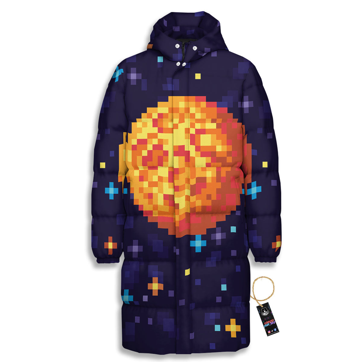 Moon 8-Bit Pixel Print Long Down Jacket-grizzshop