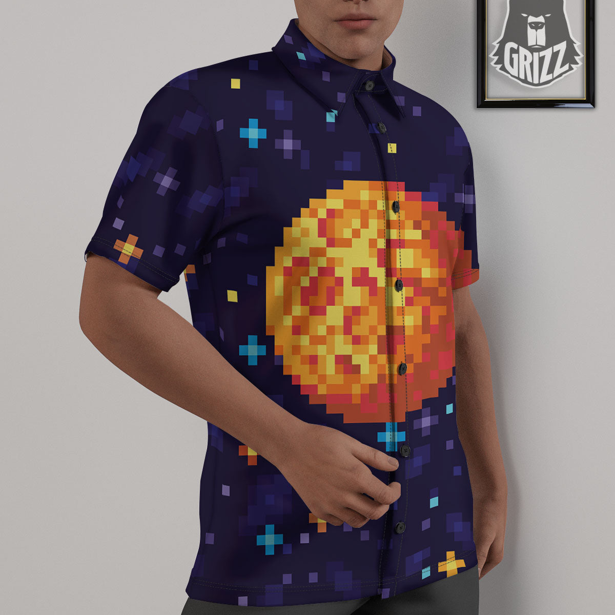 Moon 8-Bit Pixel Print Untucked Shirts-grizzshop
