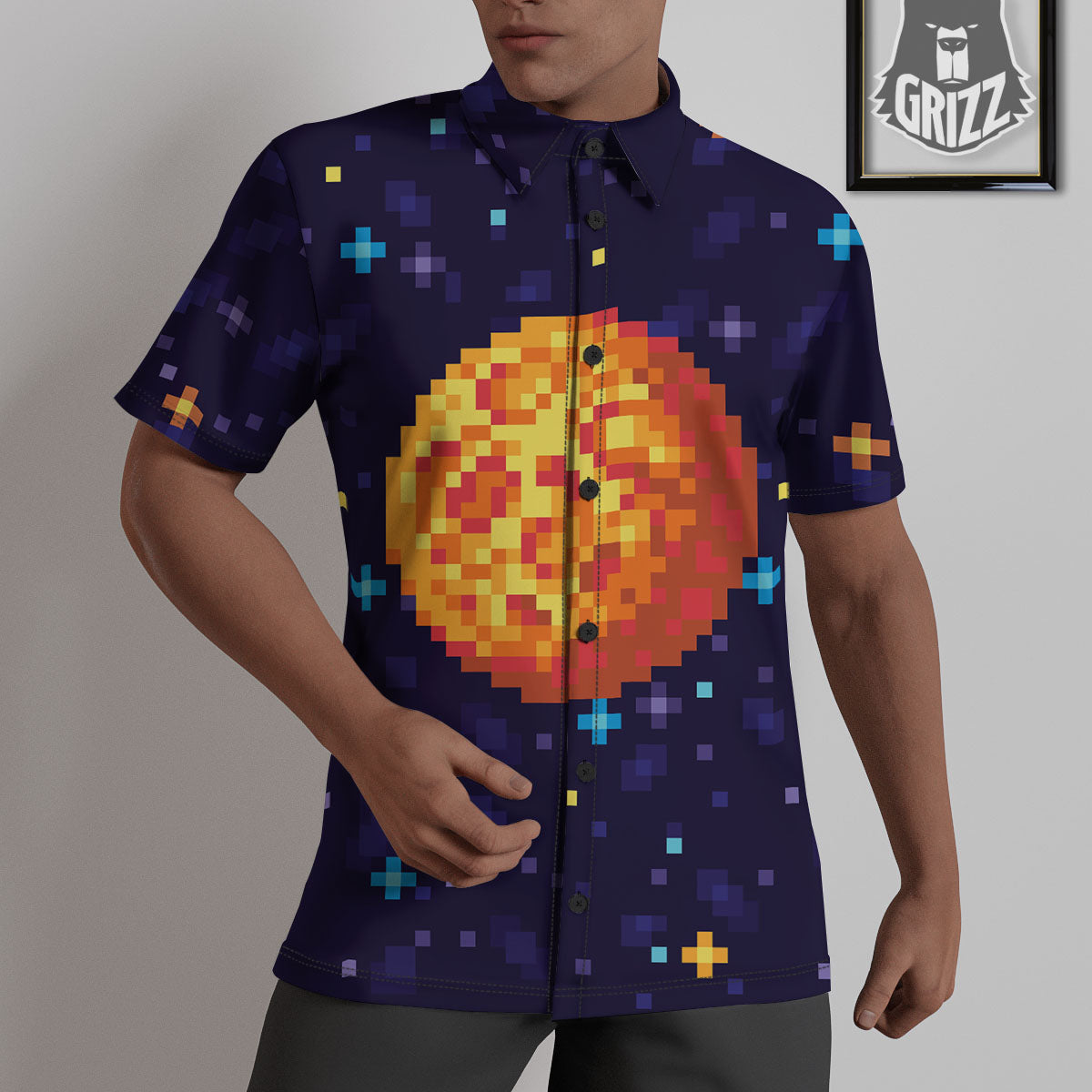 Moon 8-Bit Pixel Print Untucked Shirts-grizzshop