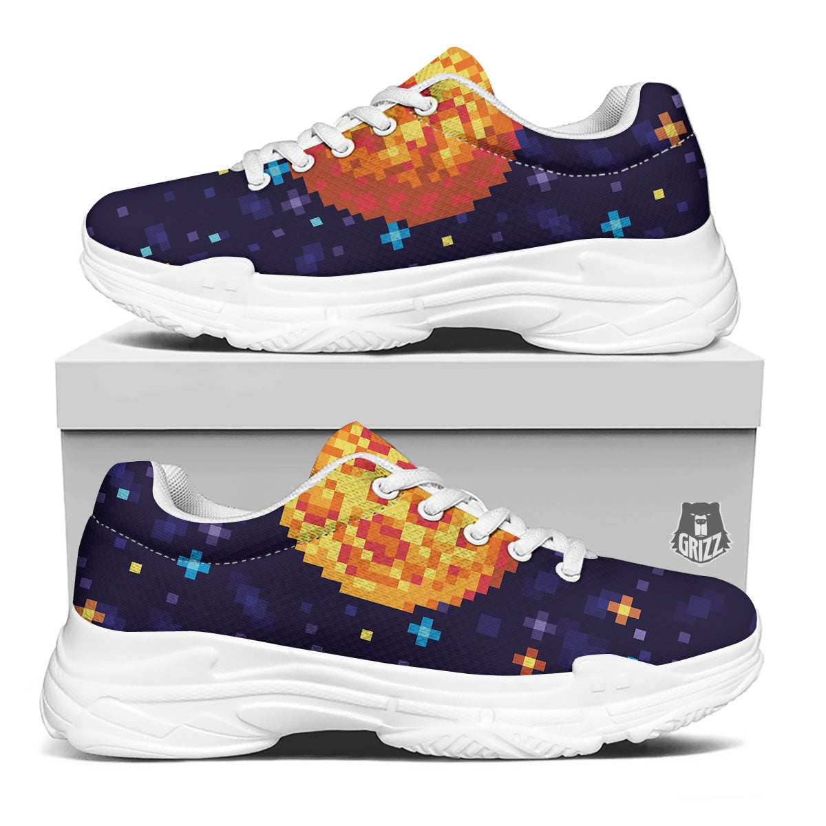 Moon 8-Bit Pixel Print White Chunky Shoes-grizzshop