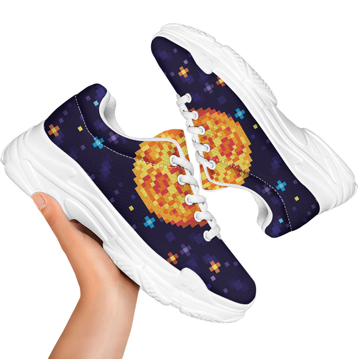 Moon 8-Bit Pixel Print White Chunky Shoes-grizzshop