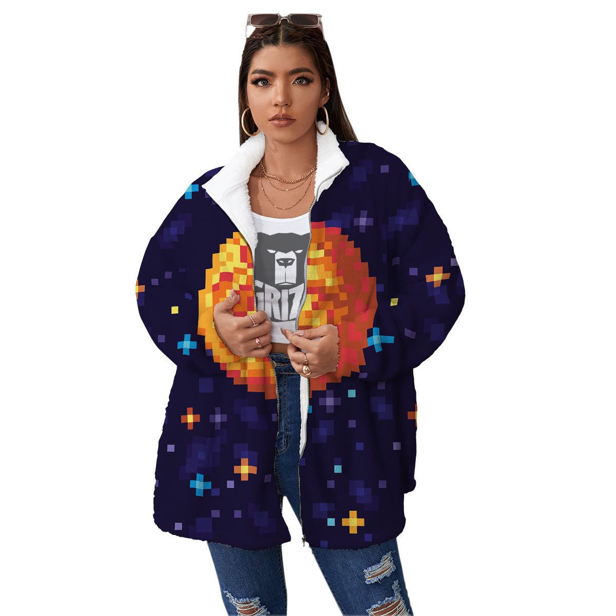 Moon 8-Bit Pixel Print Women's Sherpa Jacket-grizzshop