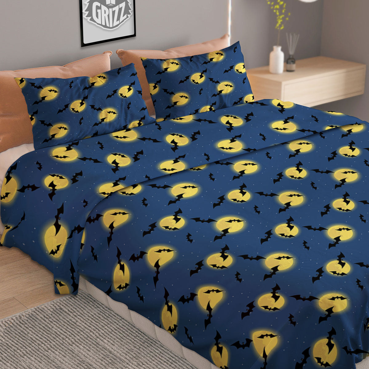 Moon And Bat Halloween Print Pattern Duvet Cover Bedding Set