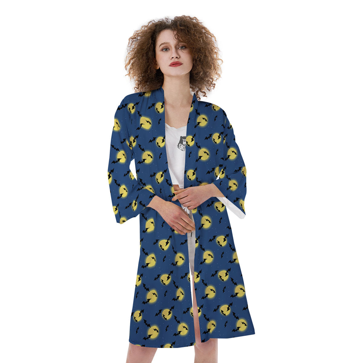 Moon And Bat Halloween Print Pattern Kimono-grizzshop