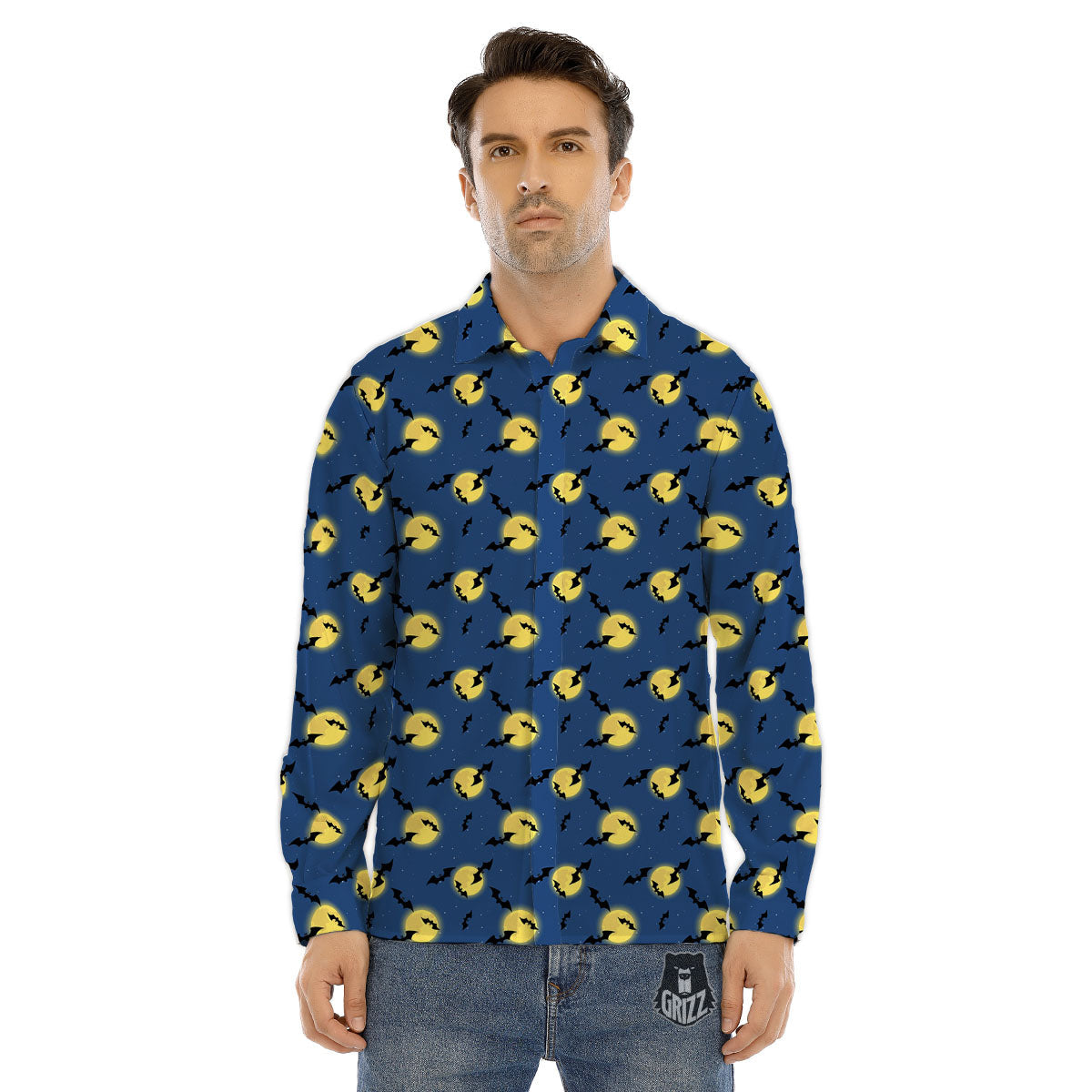 Moon And Bat Halloween Print Pattern Men's Dress Shirts-grizzshop