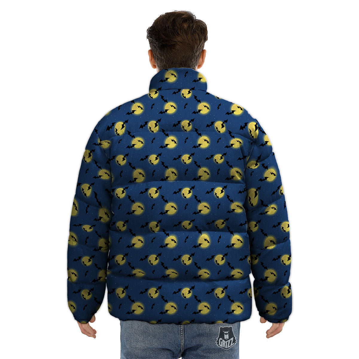 Moon And Bat Halloween Print Pattern Puffer Jacket-grizzshop