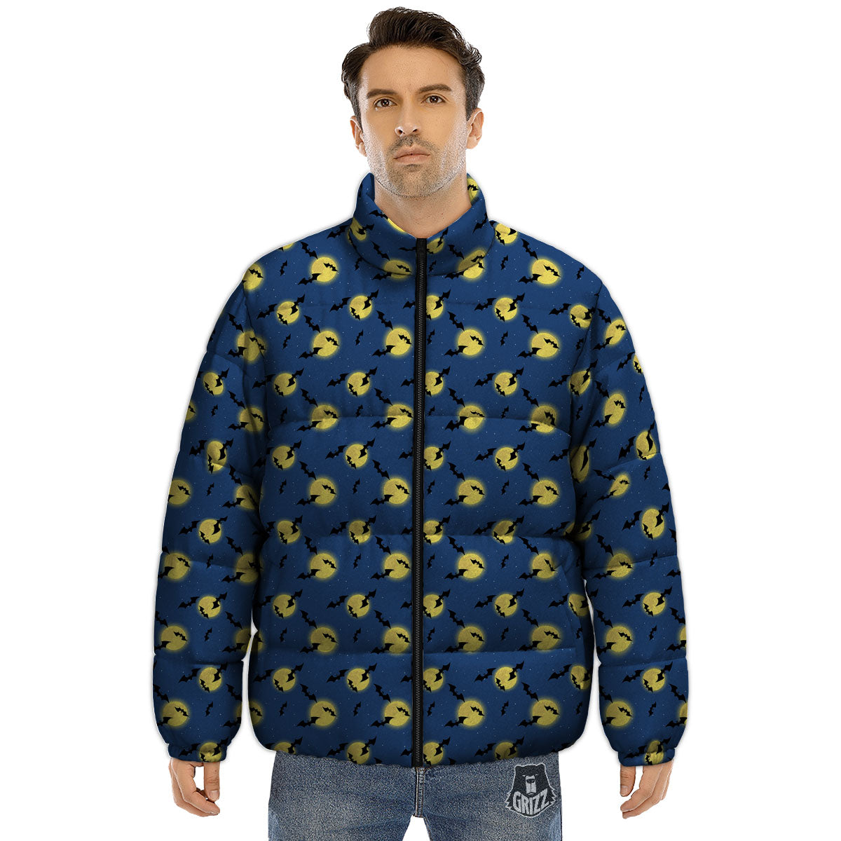 Moon And Bat Halloween Print Pattern Puffer Jacket-grizzshop