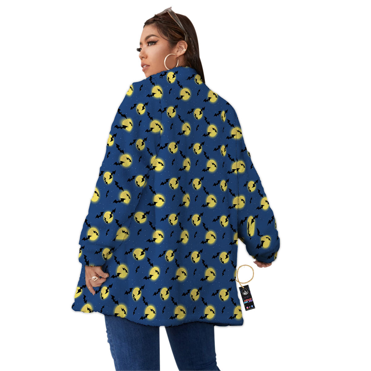 Moon And Bat Halloween Print Pattern Women's Sherpa Jacket-grizzshop