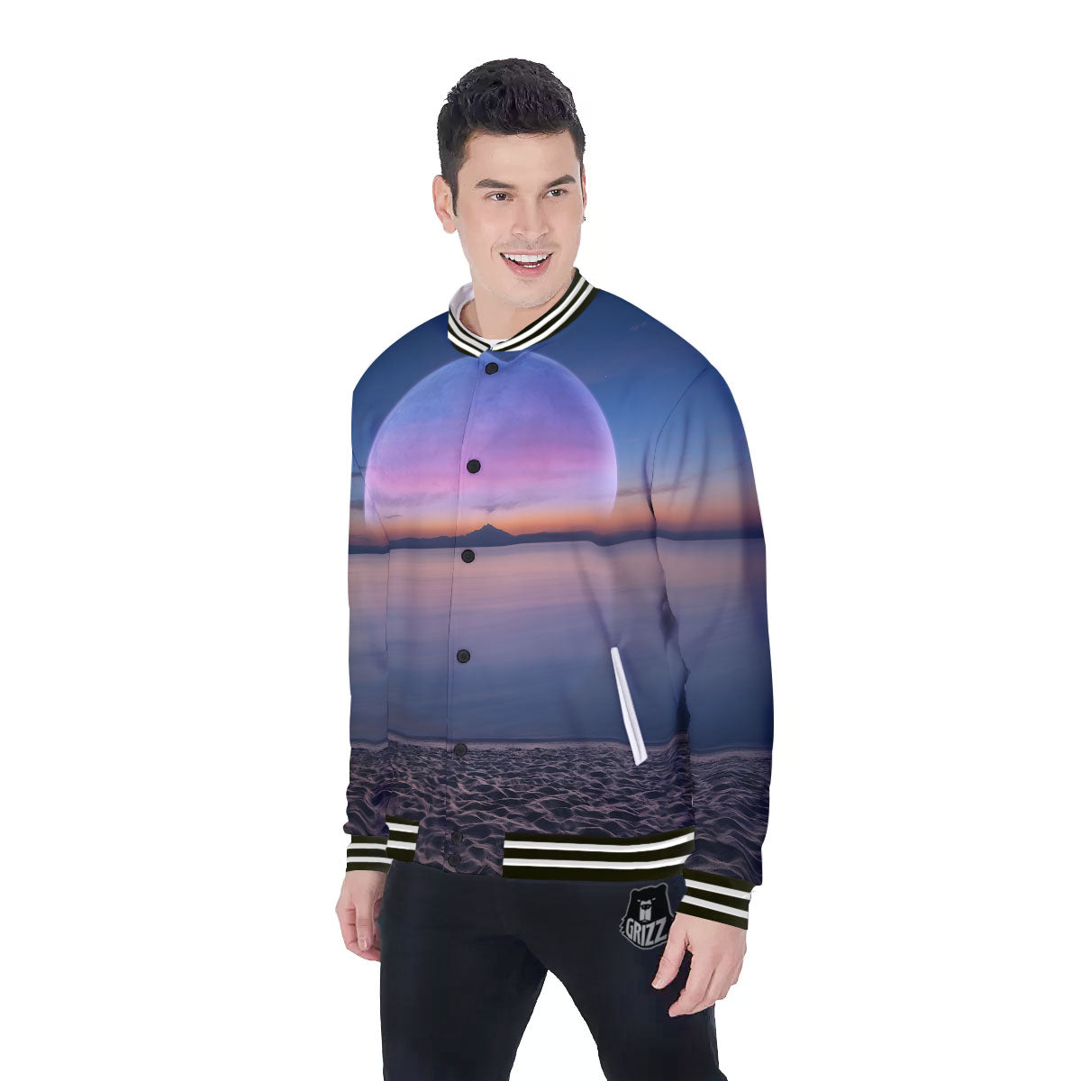 Moon And Beach Print Baseball Jacket-grizzshop