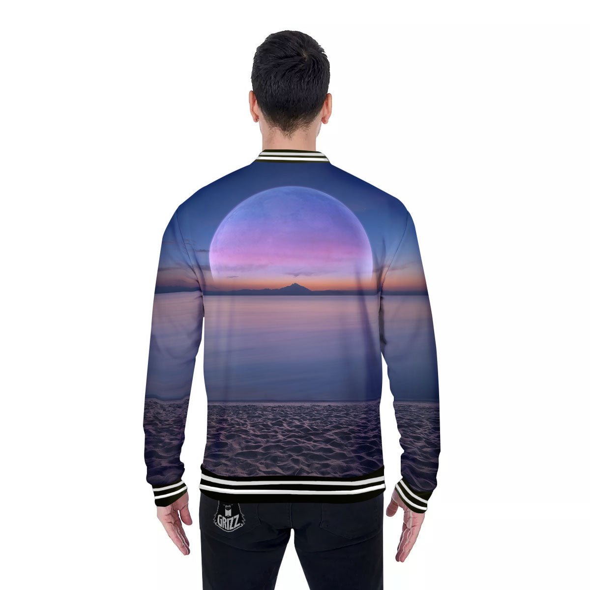 Moon And Beach Print Baseball Jacket-grizzshop
