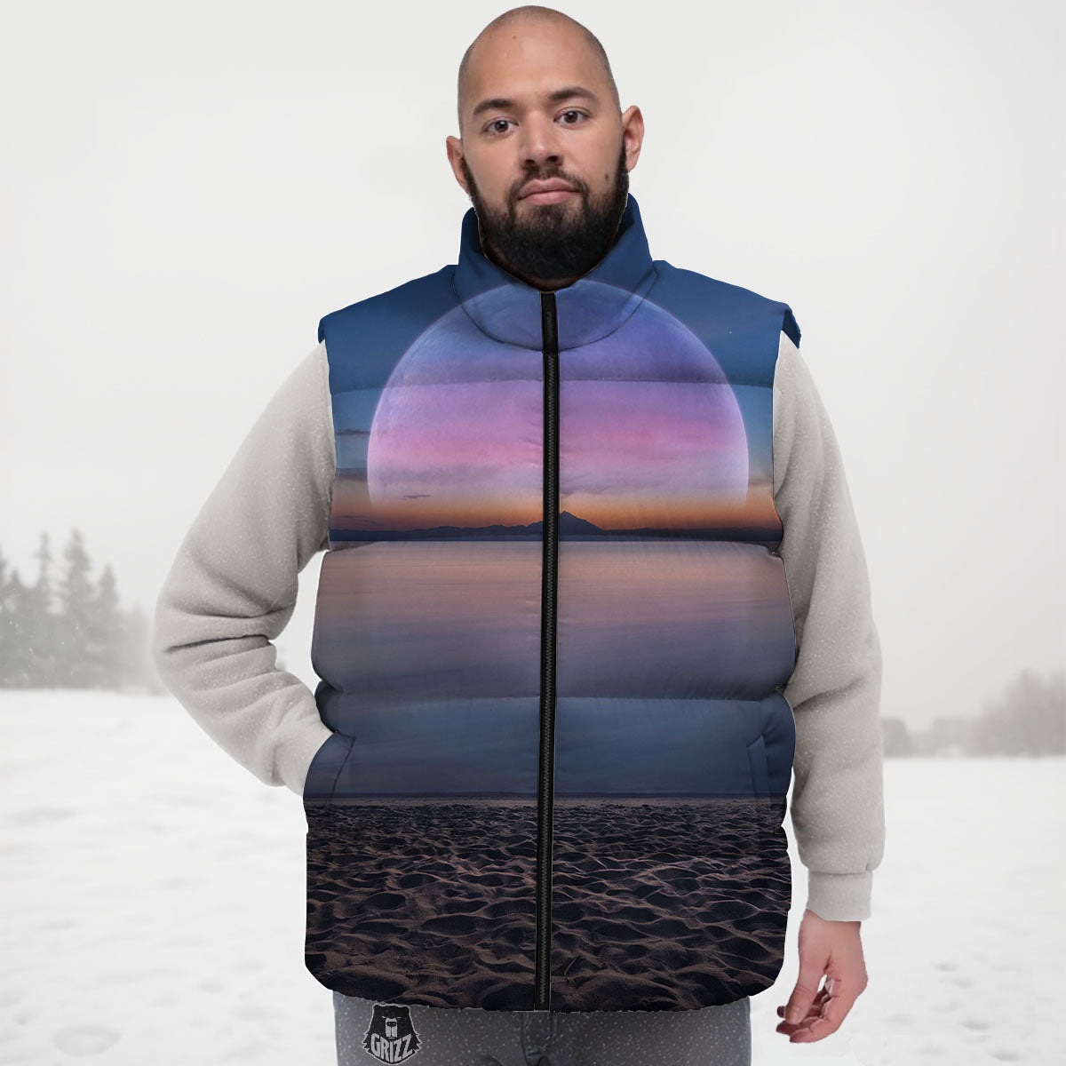 Moon And Beach Print Down Vest