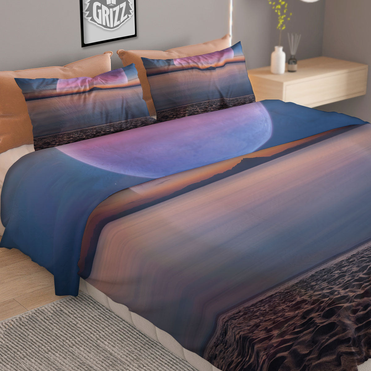 Moon And Beach Print Duvet Cover Bedding Set