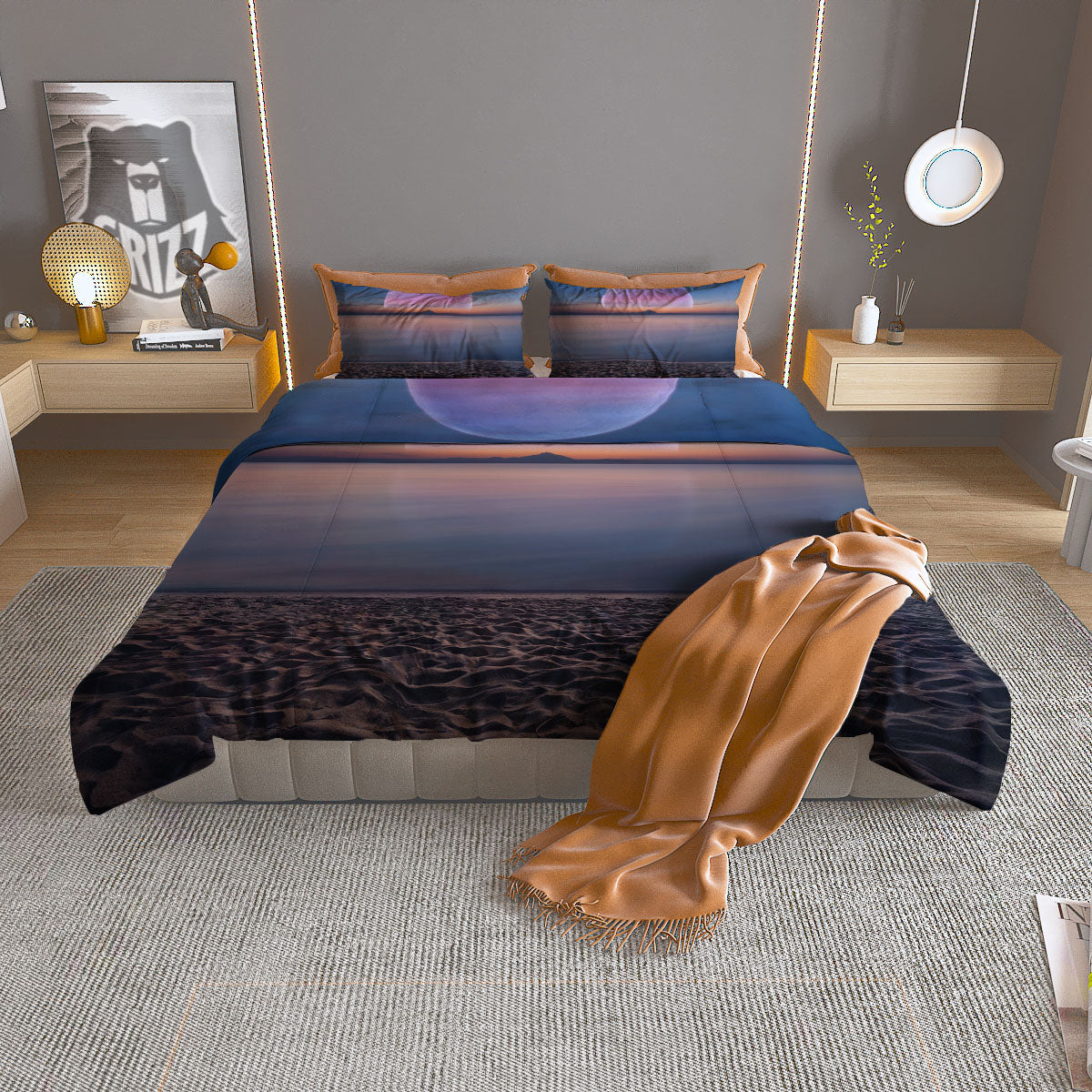 Moon And Beach Print Duvet Cover Bedding Set