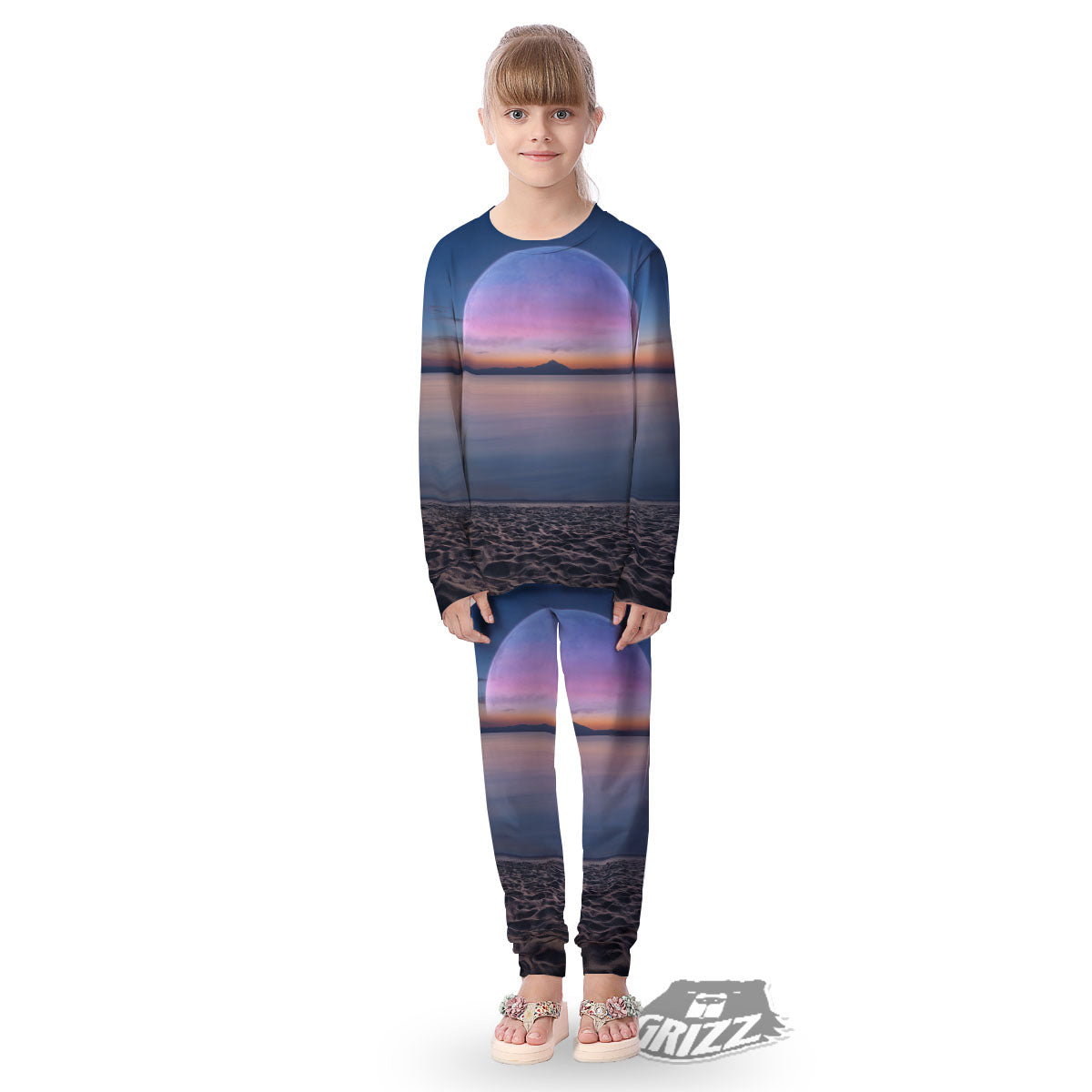 Moon And Beach Print Kid's Pajamas-grizzshop