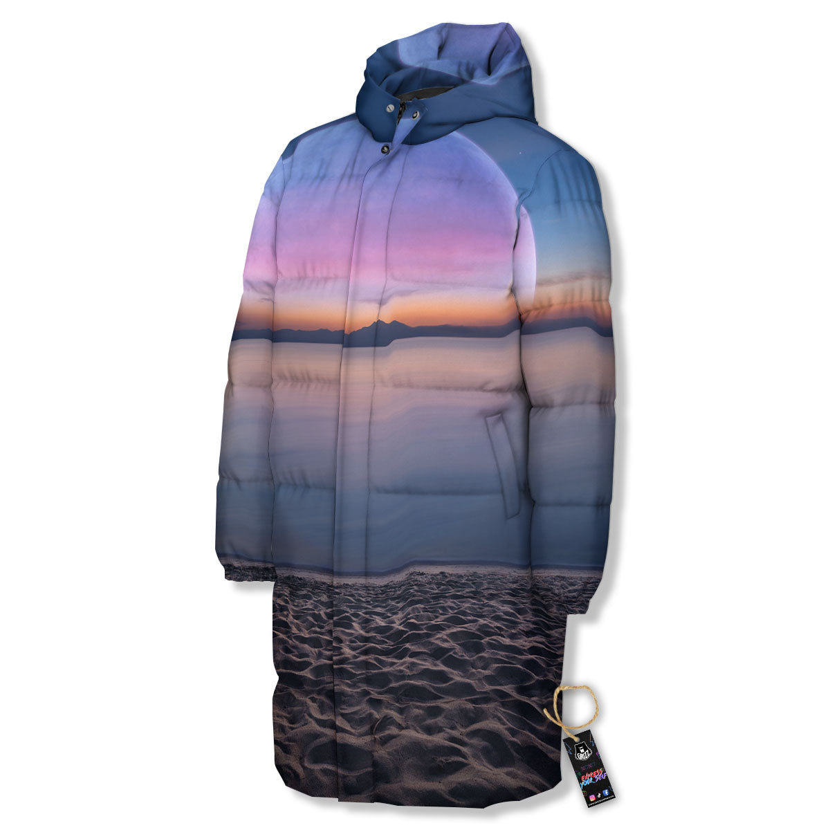 Moon And Beach Print Long Down Jacket-grizzshop