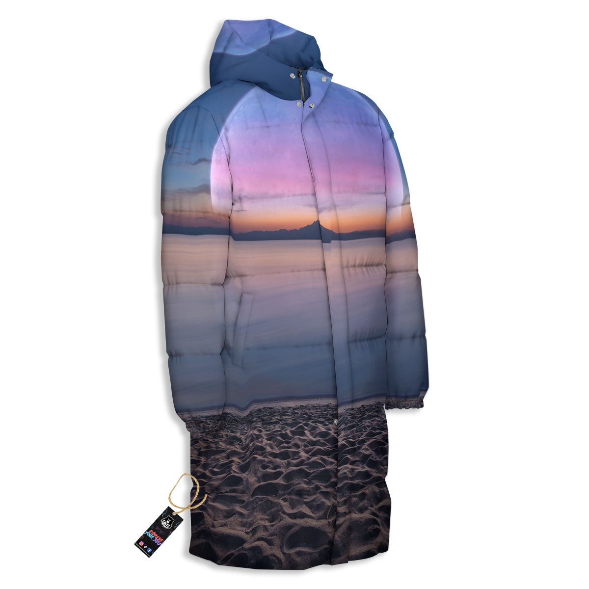 Moon And Beach Print Long Down Jacket-grizzshop