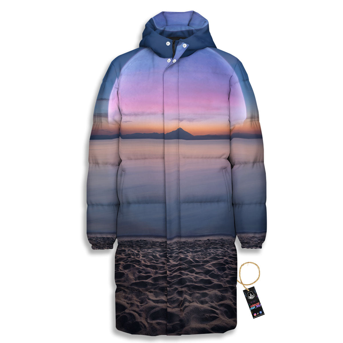 Moon And Beach Print Long Down Jacket-grizzshop